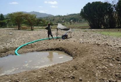 Farmer extracting water with a diesel pump